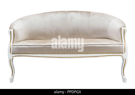 Klassischen Stil Sessel Sofa Couch Canape Holz geschnitzt gepolsterten beiger Stoff isoliert weißer Hintergrund. Stockfoto