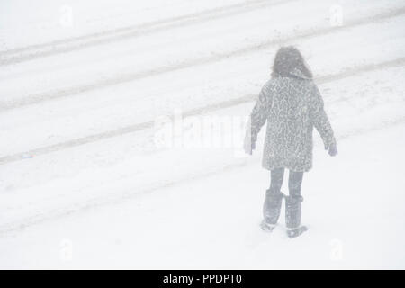 Sheffield, Großbritannien - 28 Feb 2018: Spielen im Schnee: junge Mädchen allein im Freien wie das Tier aus dem Osten griffe Sheffield in eisige Winter Wetter am 2. Stockfoto