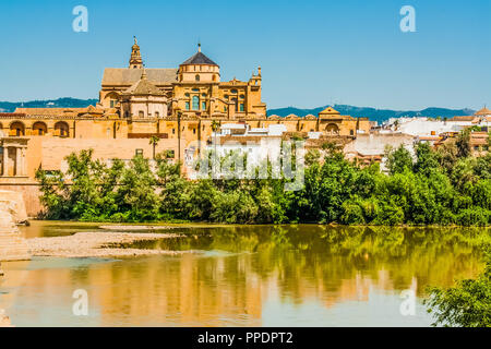 Die Große Moschee (Mezquita) am Ufer des Flusses Guadalquivir in Cordoba, Spanien. Stockfoto