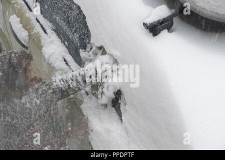 Sheffield, Großbritannien - 28 Feb 2018: Spielen im Schnee: Mädchen schabt Schnee aus ein Auto, da das Tier aus dem Osten griffe Sheffield in eisige Winter Wetter Stockfoto