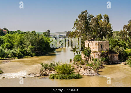 Blick auf die alte Mühle auf dem Guadalquivir Fluss aus der alten römischen Brücke in Cordoba, Spanien. Stockfoto