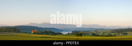 Panoramablick auf die Landschaft im frühen Sommer am Tachinger See (See Ernährungstherorie) mit der St. Coloman Kirche im Vordergrund, im Hintergrund sehen Sie die Maria Muehberg mit den Hochstaufen und Zwiesel und Teisenberg, altsalzburger, der Landkreis Traunstein in Oberbayern, Deutschland. Stockfoto