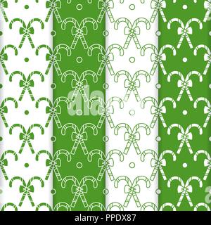 Satz von 4 Frohes neues Jahr 2019 und Weihnachten nahtlose Muster. Vector Illustration mit Zuckerstangen und Bögen. Design für die Verpackung, Stoff, drucken. Stock Vektor