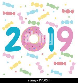 Frohes Neues Jahr 2019 Abbildung mit Donut und Süßigkeiten. Design für Dekoration, Grußkarte, drucken. Stock Vektor