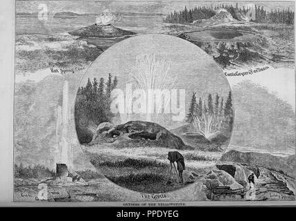 Gravur der Geysire im Yellowstone Park, Hot Spring Kegel, Castle Geyser und Feuer Becken, Grant Geysir, Grotte und Zhuhai, aus dem Buch "Die Pacific Tourist', 1877. Mit freundlicher Genehmigung Internet Archive. () Stockfoto