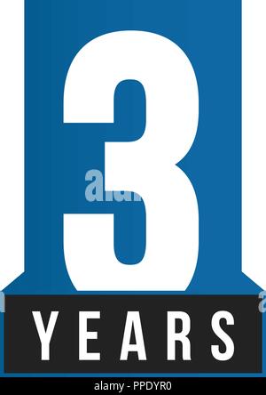 3 Jahre Jubiläum Vektor icon. Geburtstag logo Vorlage. Grußkarte design Element. Einfache Firmenjubiläum Emblem. Blau strengen Stil. Isolierte Vector Illustration auf weißem Hintergrund. Stock Vektor
