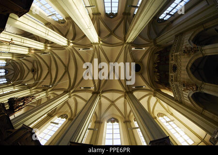 Die renovierten neo-gotischen Heilig-Kreuz-Kirche (Kirche des Heiligen Kreuzes) in Giesing. Interieur. Schiff - Blick auf die Rippe Vault. Stockfoto