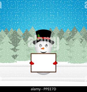 Schneemann halten ein Banner in den Wald Stock Vektor