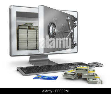 Ein Personal Computer, bei dem der Bildschirm ist ein Tresor öffnen mit Bündeln von Rechnungen von Dollar. 3D-Rendering. Stockfoto
