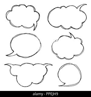 Denken, Sprechen, Sprechblasen. Künstlerische Sammlung von Hand gezeichnet Doodle style comic Ballon, Cloud und Herz. Vector Illustration in Skizze Stil. Stock Vektor