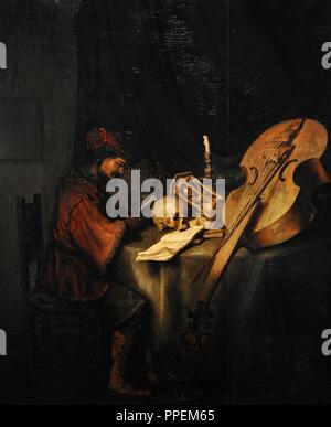 Karel van der Pluym (1625-1672). Niederländische Maler. Mann Lesen, mit Symbolen der Vergänglichkeit, ca. 1655. Wallraf-Richartz-Museum. Köln. Deutschland. Stockfoto