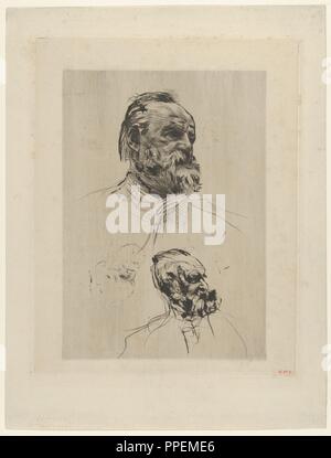 Victor Hugo (drei Viertel). Artist: Auguste Rodin (Französisch, Paris 1840-1917 Meudon). Abmessungen: Bild: 7 5/8 x 5 7/16 in. (19,4 x 13,8 cm) Platte: 8 7/8 x 6 15/16 in. (22,5 x 17,6 cm) Blatt: 11 1/4 x 8 1/2 in. (28,5 x 21,6 cm). Sitter: Portrait von Victor Hugo (Französisch, Besançon 1802-1885 Paris). Datum: 1885. Der Autor von Notre-Dame de Paris (1831) und "Les Misérables" (1862) war ein alter Mann, wenn Rodin vorgeschlagen sein Bildnis zu machen. Hugo's Geduld mit Sitzungen war der Bruch wurde von einem anderen Bildhauer, deren Bemühungen berichtet ein mittelmäßiger Büste produziert zu haben, angespannt. Darüber hinaus Stockfoto