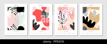 Vier bedruckbaren Format A4 2019 Kalender Vorlagen für September, Oktober, November und Dezember. Abstrakte geometrische und von der Natur inspirierten Formen in schwarz, Stock Vektor