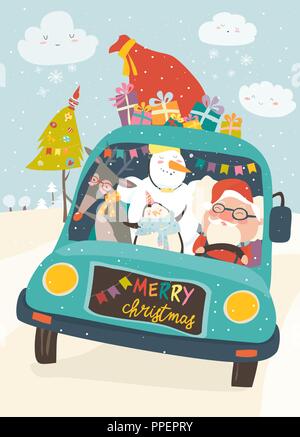 Weihnachtsmann mit Rentier, Schneemann und Pinguin in gelb Auto Stock Vektor