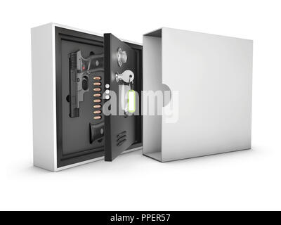 3D-Darstellung der gepanzerten Safes mit Gewehren und Kugeln Stockfoto