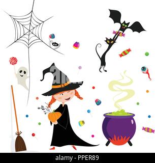 Halloween Card im Cartoon Stil mit Spaß einige Zeichen und Elemente. Stock Vektor