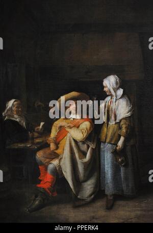 Pieter de Hooch (1629-1684). Niederländisch Golden Age Maler. Offizier und zwei Spieler, 1652-1655. Detail. Wallraf-Richartz-Museum. Köln. Deutschland. Stockfoto