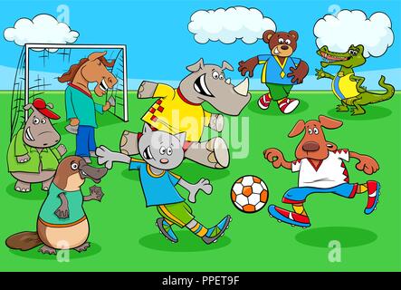 Cartoon Illustrationen von Tier- Fußball oder Fussball Spieler Charaktere spielen Match Stock Vektor