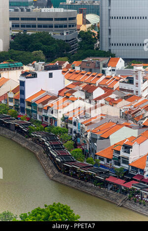 Eine Luftaufnahme von Boat Quay und das Finanzzentrum von der Peninsula Excelsior Hotel in der Innenstadt von Singapur Republik Singapur Asien Stockfoto