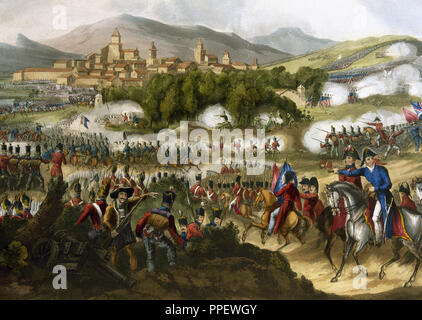 GUERRA DE LA INDEPENDENCIA ESPAÑOLA. El ejército Francés derrotado en la "BATALLA DE VITORIA "por las Fuerzas capitaneaba aliadas que el Mariscal británico WELLINGTON (21 de Oct de 1813). Coloreado del Grabado en. Xix. Stockfoto