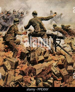 Erster Weltkrieg (1914-1918). Italienische Truppen verteidigen ihre Positionen mit Handgranaten und Bajonette. 1917. Stockfoto