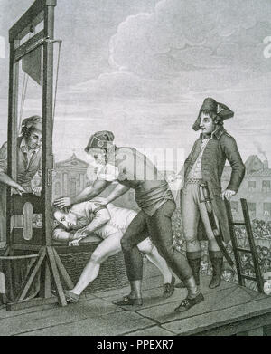 Robespierre, Maximilien de (1758-1794). Französische revolutionäre Politiker. Robespierre stirbt auf der Guillotine. Gravur. National Library. Madrid. Spanien. Stockfoto