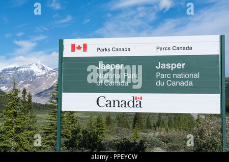 JASPER, Kanada - 4. JULI 2018: Am Eingang zum Jasper National Park, Alberta, Kanada Willkommen Anmelden Stockfoto