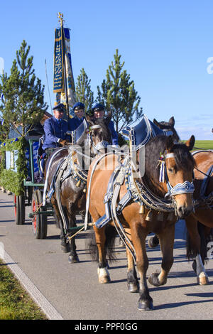 Leonhardifahr in Murnau zu Ehren des Heiligen Leonhard, dem Schutzpatron der Pferde, mit vielen eingerichteten Wagen und Pferde Stockfoto