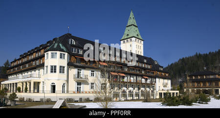 Das Schlosshotel Elmau in Klais ist der Austragungsort des G7-Gipfels im Juni 2015. Stockfoto