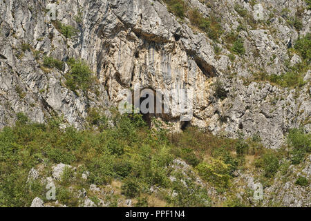 Eingang der Höhle unter den Bäumen in einem Kalkstein Berg Stockfoto