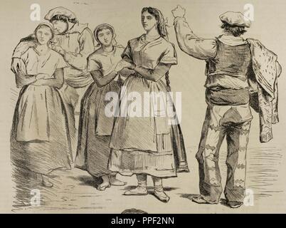 España. Tipos de Las Provincias vascongadas. Mujer con indumentaria tradicional. Croquis inéditos de V. Becquer. Grabado. La Ilustración Española y Americana, 15 de Enero de 1876. Biblioteca Histórico Militar de Barcelona. Catalunya, España. Stockfoto