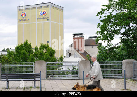 Blick auf das Mälzen Turm der Brauerei Paulaner und Hacker Pschorr im Stadtteil Au in München. Stockfoto