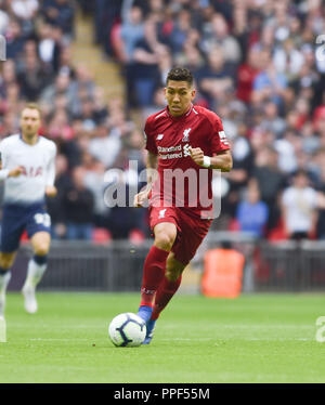 Roberto Firmino von Liverpool in der Premier League Match zwischen den Tottenham Hotspur und Liverpool im Wembley Stadion, London, 15 September 2018 Editorial nur verwenden. Kein Merchandising. Für Fußball Bilder FA und Premier League Einschränkungen Inc. kein Internet/Mobile Nutzung ohne fapl Lizenz - für Details Kontakt Fußball Dataco Stockfoto