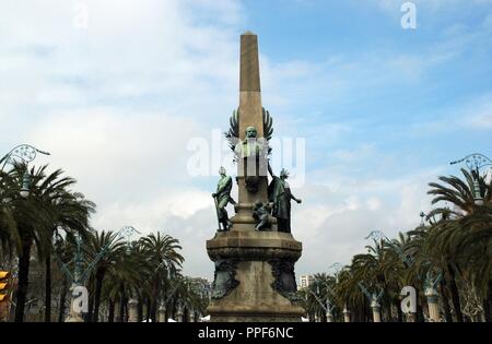 RIUS I TAULET, Francesc (Barcelona, 1833 - Olerdola, 1889). Alcalde de Barcelona en 1874, 1881 y desde 1885 Hasta su Muerte, llevando ein Cabo una intensa Arbeit que culminaría con la Exposición Universal de 1888. MONUMENTO A RIUS I TAULET en El Passeig de Lluís Companys realizado por el escultor Manuel FUXA ich LEAL (1850-1927). BARCELONA. Cataluña. Stockfoto