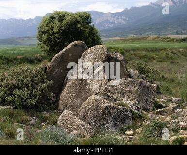 Spanien, Baskenland, Provinz Álava Laguardia. Dolmen von Alto de la Huesera. Jungsteinzeit. Zeitraum: Eneolithic, Bronze. Stockfoto