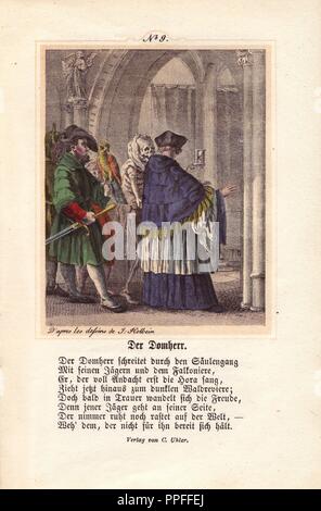 Die Canon: Tod hält seine Stunde - Glas zu ihm, als er in eine Kathedrale. Sie werden von einem Edelmann mit ein Falke auf der Faust gefolgt, seinen Clown oder Narr, und ein kleiner Junge. Handcolorierte Kupferstich von Chretien de Mechel von Hans Holbein's "Der Triumph des Todes", auf der Grundlage von original Zeichnungen von Peter Paul Rubens, 1860. Stockfoto