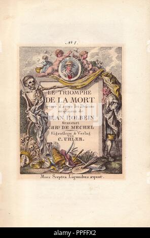 Die gravierten Titel lautet "Le Triomphe de La Mort, Grab d'Apres les Dessins originaux de Jean Holbein, graveurt Chrt.de Mechel." Der Titel erscheint auf einem Grabstein graviert, mit einem Porträt von Hans Holbein am oberen werden flankiert von zwei Putten, und eine Figur des Todes auf der linken Seite verweist auf ein Verängstigter Mann (Holbein) versteckt sich hinter einem Vorhang auf der rechten Seite. Mit einem Speer in seiner rechten Hand, 'Death Exponate, die ihm das große Spektakel der Szenen des menschlichen Lebens bestimmt ist er zu malen. Dies wird durch einen Haufen der Attribute von Größe, lästern, Reichtum, Kunst und Wissenschaften bezeichnet, vermischt mit Deat Stockfoto