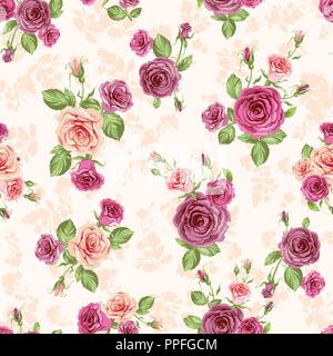 Blumen Blätter Rosenknospen nahtlose Muster Rot Pink cute Luxus Stock Vektor