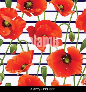 Blumen Blätter rose Mohn Knospen nahtlose Muster Rot Pink cute Luxus Stock Vektor