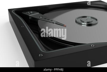 Closeup innerhalb einer Festplatte HDD, magnetische Oberfläche und Daten lesen Mechanismus, 3D-Rendering Stockfoto