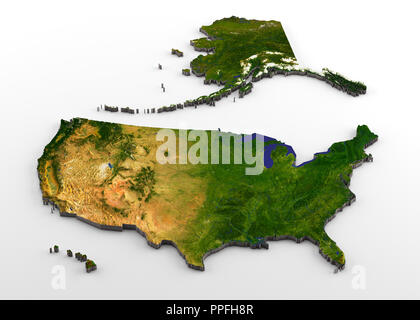 3D-Rendering von extrudierten Hochauflösende physische Karte (mit Hilfe) der USA, einschließlich Alaska und Hawaii, auf weißem Hintergrund Stockfoto