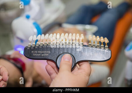 Medizin, Zahnmedizin und Gesundheitswesen Konzept - Nahaufnahme der Zahnarzt mit Zahn Farbmuster auswählen Schatten für männliche Patienten Zähne in der Zahnarztpraxis Stockfoto