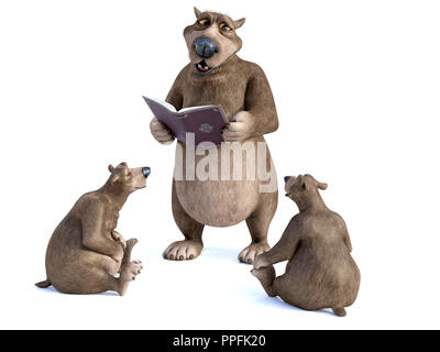 3D-Rendering von einem charmanten Lächeln cartoon Bear hält ein Buch in der Hand und lesen zu Zwei junge Bären. Es ist storytime! Weißer Hintergrund. Stockfoto