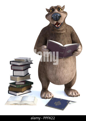 3D-Rendering von einem charmanten Lächeln cartoon Bear hält ein Buch in der Hand. Ein Stapel Bücher auf dem Boden neben ihm. Es ist storytime! Weiß backgr Stockfoto