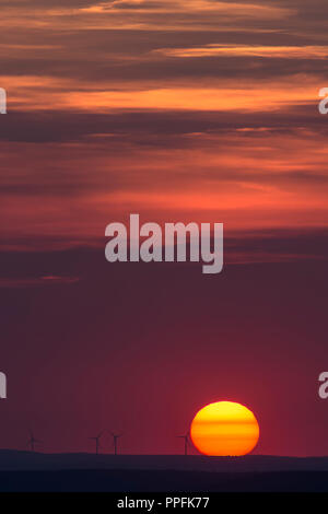 Glühende Sonne und Silhouetten von Windkraftanlagen am Horizont, Sonnenuntergang, Bayern, Deutschland Stockfoto