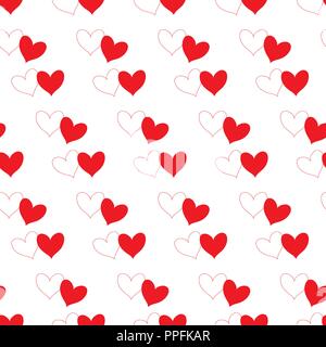 Weißes Herz mit roten Außenkontur und roten Herzen füllen sich teilweise überschneidende und in einem weißen transparenten nahtlose Muster Hintergrund isoliert. Vektor krank Stock Vektor