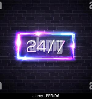 Leuchtreklame 24 7 auf Mauer Hintergrund. Bunte vektor Illustration. Stock Vektor