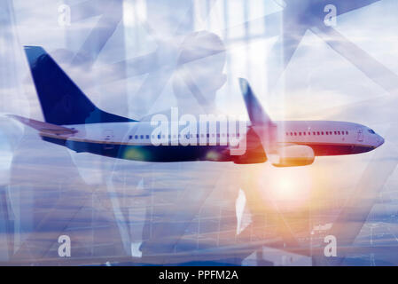 Modernen Flughafen mit blur Effekte. Double Exposure Stockfoto