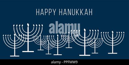 Happy Chanukka Text und Muster wiederholen von einfachen Umriß Hanukkah Menorah mit brennenden Kerzen in der Farbe weiß Mit leeren dunkelblauen Hintergrund für Holi Stock Vektor