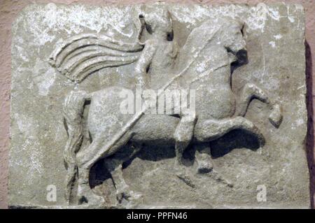 Griechische Kunst. Relief. Reiter. 3. Jahrhundert vor Christus. Von Apollonia (Illyrien). Arcaheological Nationalmuseum. Tirana. Albanien. Stockfoto